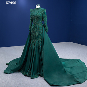 Rsm67496 Nouvelle robe de soirée élégante en satin brodé vert musulman avec traîne détachable 2022 - Product Image 2