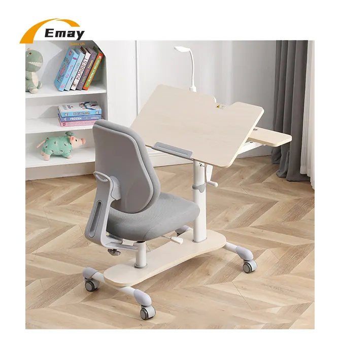Table basculante 0-60 degrés avec dessus intégré pour enfants Table d'étude et ensemble de chaises réglable en hauteur Bureau et chaise