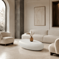 Table basse moderne en pierre blanche, longue et ovale, sculpturale, à base de fibre de verre, personnalisable pour salon de villa