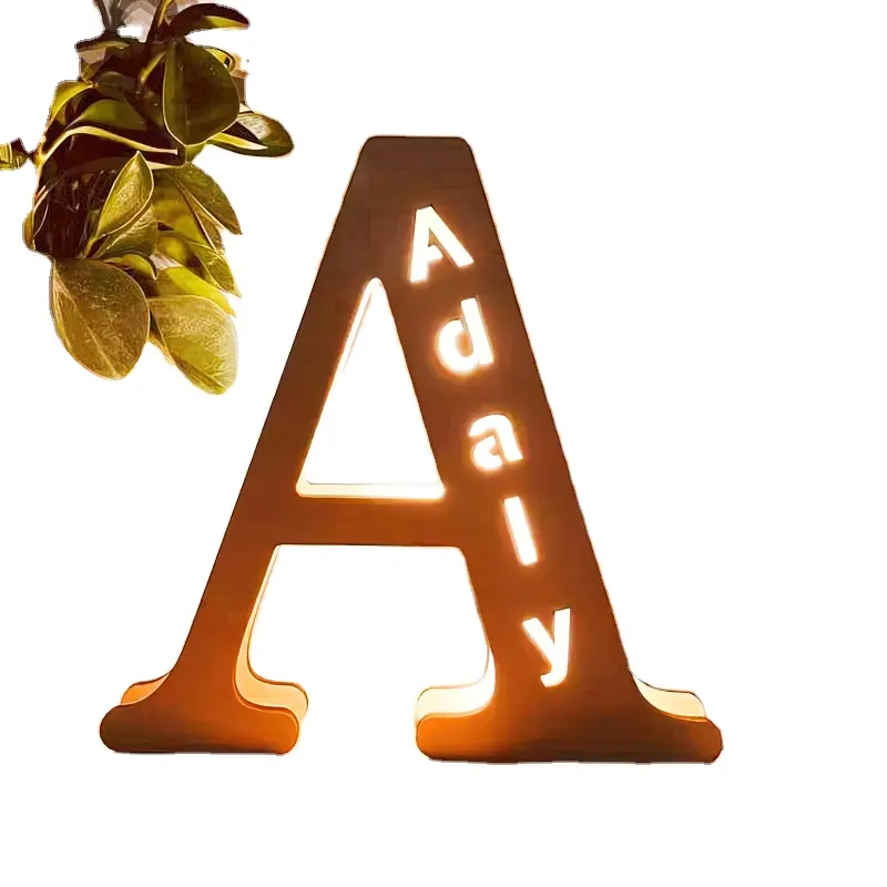 Personalized Customized Wooden Wall Mounted 3D Letter Led Night Light Table Lamp For Bedroom