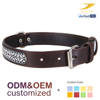 Collier pour chien en cuir véritable personnalisé OEM, style vintage avec tissu tressé, boucle ardillon métallique et anneau en D, réglable et confortable pour animaux de compagnie