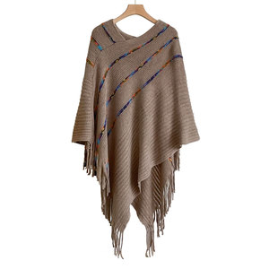 Women Striped Fringe Knitted Shawl Bohemian Acrylic Warm <b>Poncho</b> Scarf 80*97cm - Product Image 5