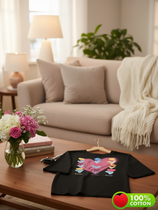 Elegante T-Shirt da Donna in Cotone con Stampa Cuore e Fiori, Vestibilità Comoda, Girocollo, Manica Corta, per Tutte le Stagioni, Lunghezza Regolare, in Jersey - Product Image 2