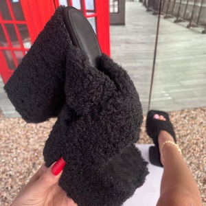 Colors Custom Women's Chunky <b>Block</b> Heels High Platform Sole Sandals Cross Fur Straps Mules Ladies Fuzzy Square Open Toe Shoes - Product Image 3