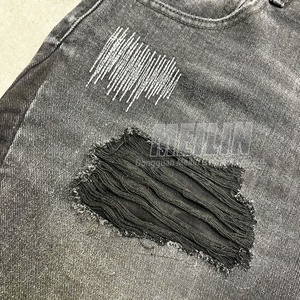 Custom Manufacturer Distressed Flare Jeans <b>Shorts</b> 12oz 14oz Baggy Rhinestone <b>Patch</b> <b>Men</b> Denim Tear <b>Shorts</b> - Product Image 4