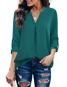 Women's Blouses 3/4 Sleeve Work Shirt Chiffon Long Sleeve Collared Tops Work Office Chiffon Blouse