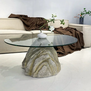 Tavolino da Caffè con Base in FRP Ispirata alla Pietra, Design Organico Minimalista con Finitura Beige e Piano in Vetro Temperato <span class=keywords><strong>per</strong></span> <span class=keywords><strong>Soggiorno</strong></span> in Stile Wabi Sabi - Product Image 2
