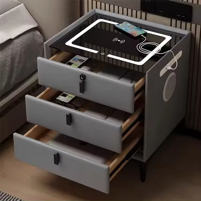 Luxury Bed Room Furniture Wooden Smart Bedside Coffee Table Modern Nightstands with USB Wireless Charging