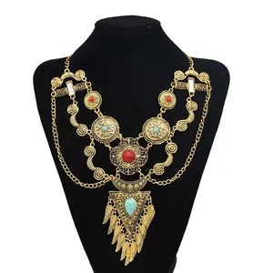 Exaggerated Gold Metal Geometric Red Blue Stone Chunky Necklaces for Women Indian Gypsy Jewelry