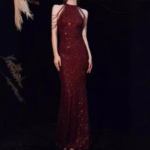 Halter Neck <b>Sequined</b> Bodycon Evening Gown Wine <b>Red</b> Long Fit For Women Formal Party Dress - Product Image 1