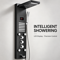 Colonne de douche thermostatique moderne en acier inoxydable brossé noir de luxe avec LED, mitigeur de baignoire, douchette à main et jet pluie