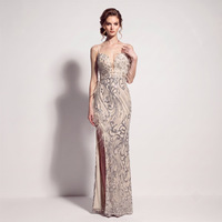 Nouvelle robe de soirée élégante pour femmes, longue, avec bretelles spaghetti, décoration en plumes, paillettes, fente haute pour robe de soirée
