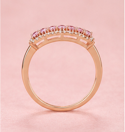 Anillo de eternidad de plata de ley 925 con piedras preciosas rosas y detalles de halo doble de circonita cúbica - Anillo de lujo para mujer chapado en oro rosa - Product Image 3