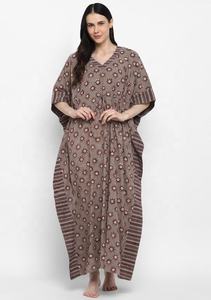 Beige Hand Block Printed Floral With <b>Star</b> Motif Tie-Up Waist Cotton Kaftan Perfect For A Summer - Product Image 2