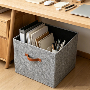 Cesto de Almacenamiento de Fieltro Gris, Cesto de Tela Plegable con Asa de Cuero, Caja Organizadora Plegable para Armario - Product Image 5