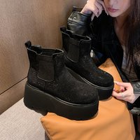 Bottines Chelsea à plateforme en strass pour femme, noires en PU, à enfiler, semelle épaisse en caoutchouc, chaudes pour l'hiver, logo personnalisé, vente en gros