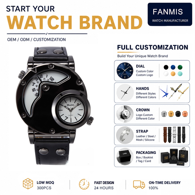 9591 Customizable Fashion Men's Watch Alloy Case Leather Band Dual-Time Zone Sports Quartz Watch