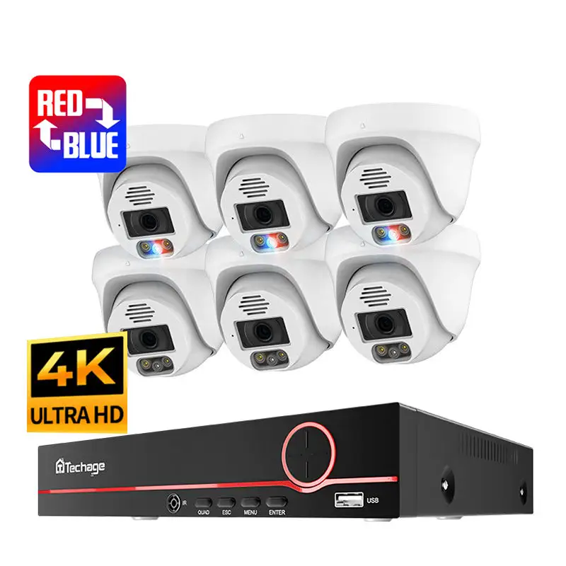 Techage Kamera Kubah Jaringan 4K, Kit Kamera Pengawas Kubah 8 Mp Sistem Kamera Keamanan Cctv Audio Ip