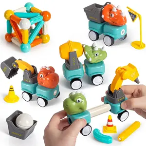 106pcsエンジニアリング玩具セット組み立て恐竜車ブロック教育玩具DIY磁気ロッド恐竜建設トラック玩具セット