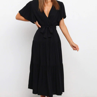 Robe longue unie à col en v pour femmes, en coton rouge décontracté, à manches courtes, à la mode, été, MOTE-ZC828