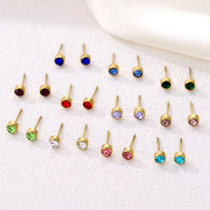 Birthstone <b>Stud</b> <b>Earrings</b> | 18K PVD Gold Plated Stainless Steel Round <b>Crystal</b> <b>Earrings</b> | Waterproof Hypoallergenic & Non Tarnish - Product Image 4