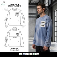 T-shirt vintage à manches longues 100 % coton délavé à l'acide pour homme, patchwork vieilli, coupe oversize épaisse, style streetwear, marque privée