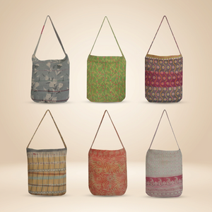 กระเป๋าสะพายไหล่ผ้าฝ้ายส่าหรีลายดอกไม้สีเขียว - Product Image 4