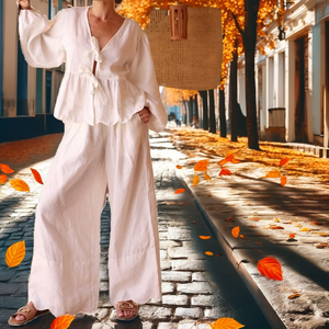 Ensemble pantalon et chemisier chic en coton tissé blanc pour femme, col en V, manches longues, volants et lacets, collection automne 2025 - Product Image 2