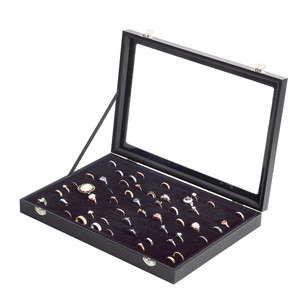 Tùy Chỉnh Phong Cách MDF Black Velvet 100 Chiếc Nhẫn Trang Sức Hiển Thị Trường Hợp Lưu Trữ Tray Box Với Cửa Sổ - Product Image 1