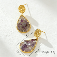 Bijoux personnalisés, pendentif en laiton texturé plaqué or 18 carats avec éclats de pierres naturelles, boucles d'oreilles pendantes en forme de cœur en améthyste concassée