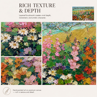 Peinture à l'huile abstraite sur toile Hollyhock Garden, fleurs rouges et roses, champ de moutarde, ciel, taille personnalisée, vente en gros directe usine