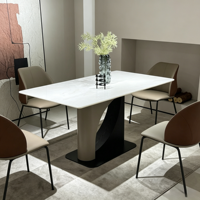Table à manger moderne en pierre artificielle 2026 avec base en acier inoxydable, table à manger rectangulaire de luxe aspect marbre pour