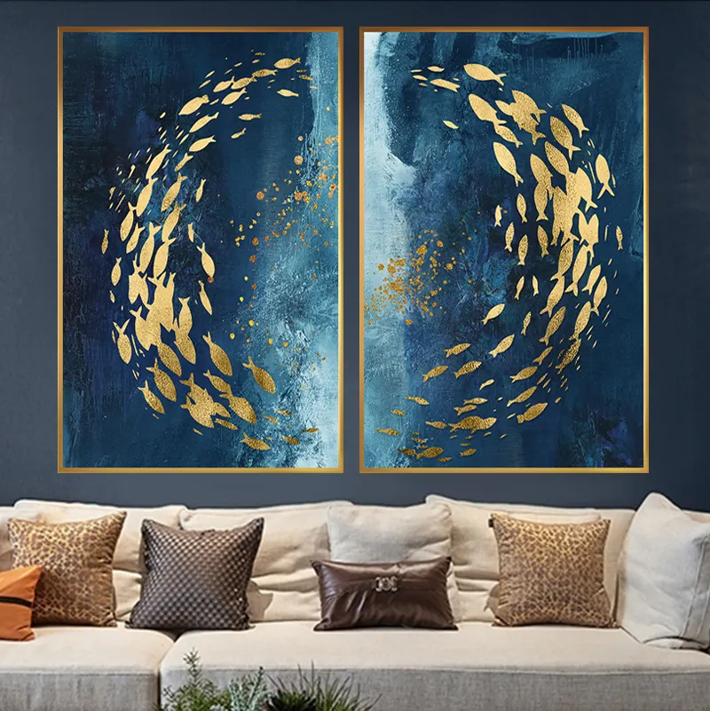 Pintura en lienzo de pez dorado abstracto, póster grande con impresión china de lujo, arte de pared para sala de estar, pasillo, cuadro dorado