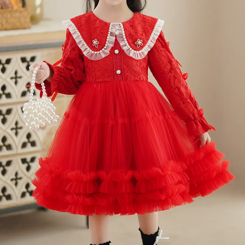 Outono novo 2-12 anos de idade crianças rosa vermelho elegante de mangas compridas Doll colarinho laço bonito flor menina princesa vestido