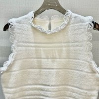 Top sin mangas de punto con encaje y cuello redondo para mujer, chaleco de punto con encaje y cintura con cordón minimalista de color liso