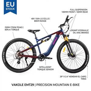 Vakole EMT29 Vélo Électrique Tout-Terrain (Ebike) VTT Assistance Électrique (EMTB) Moteur 750W 250W avec Capteur de Couple, Grande Autonomie, Suspension Intégrale et Pneus Larges - Product Image 2