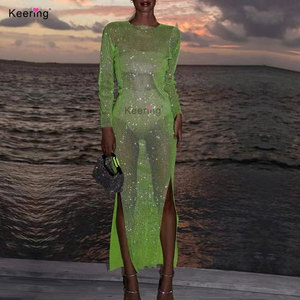 green satin dress maxi ViX Women's Marbella Plunge Open Back Linen & Cotton Cover-Up Sundress - Green
