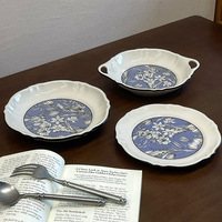 Service de table vintage en céramique de style français, luxe léger rétro - Bols, assiettes, soucoupes, compatible micro-ondes, motif végétal, vente en gros