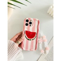 Coque de téléphone portable INS brillante à rayures pastel avec chaîne pour iPhone 11 16 17 18 Pro Max, coque arrière crème Funda