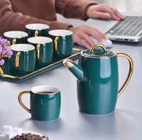 Ensemble de 6 tasses et théière en céramique verte émaillée au design moderne européen avec plateau, ensemble de tasses à café et à thé pour la maison