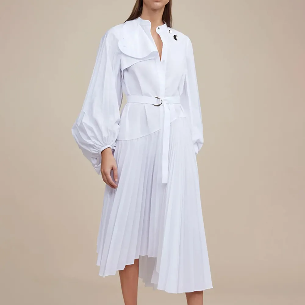 Новое привлекательное роскошное французское белое плиссированное платье с рукавом-фонариком, блузка и плиссированная юбка из шифона, плиссированная юбка из двух частей