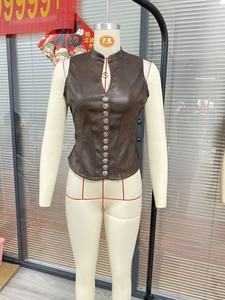 <span class=keywords><strong>Gilet</strong></span> Vintage in Ecopelle <span class=keywords><strong>Marrone</strong></span> Senza Maniche con Colletto Alto e Bottoni Stile Corsetto per Donne, Abbigliamento Retrò Steampunk Streetwear - Product Image 5