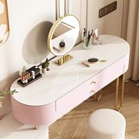Coiffeuse moderne rose avec pieds en U, miroir LED et armoire latérale ronde à 3 tiroirs, ensemble de coiffeuse pour chambre à coucher, vente en gros