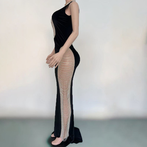 Novance Y5421 Großhandel Mode <span class=keywords><strong>Online</strong></span> Strass-Ketten Abendkleider Elegante Schwarze Samt Sexy Damen Abendkleider - Product Image 2