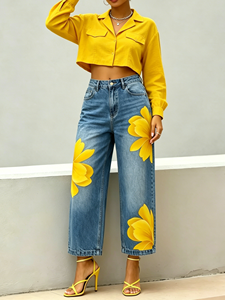 2026 <strong>Women</strong> <strong>Yellow</strong> Floral Print Cropped Wide Leg <strong>Jeans</strong> High Waist Light Wash Loose Ankle Denim <strong>Jeans</strong> - Product Image 1