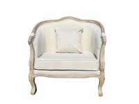 Fauteuil en lin moderne français rembourré avec un design en bois de style mariage pour événements élégants, utilisation en villa et dans les parcs
