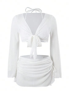 Nuevo Conjunto de Traje de Baño de Cuatro Piezas de Color Sólido para Mujer, Collares Sexys para Chicas, Faldas Cortas Ajustadas, Bikinis, Traje de Baño Blanco para Novia - Product Image 5