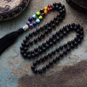 Volcanic Stone 108-Bead Knotted Tassel <b>Necklace</b> 8mm Natural Mala Bead Sweater Chain <b>Long</b> <b>Necklace</b> Unisex Fashion Jewelry - Product Image 1