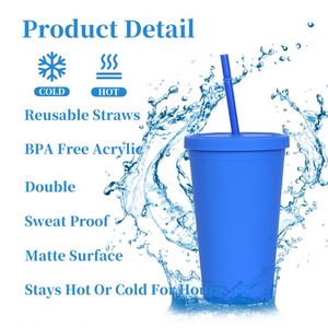 Custom Logo Plastic 16 oz Acrylic Drinking Cups 16oz <b>Double</b> <b>Wall</b> Matte Skinny Tumbler With Lid and Straw - Product Image 3