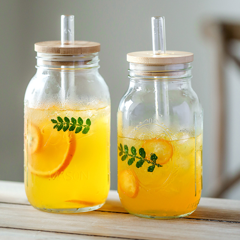 22OZ Boba glass bottle with bamboo lid and straw glass cup